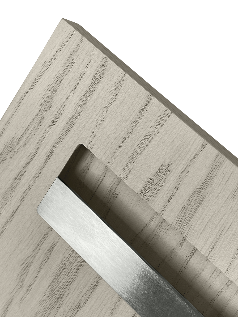 Sample of the facade Dotyk Wood quartz oak. Stainless steel handle