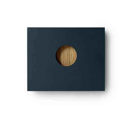 Sample of Tasty Linoleum facade smoky blue. Wood handle natural oak 