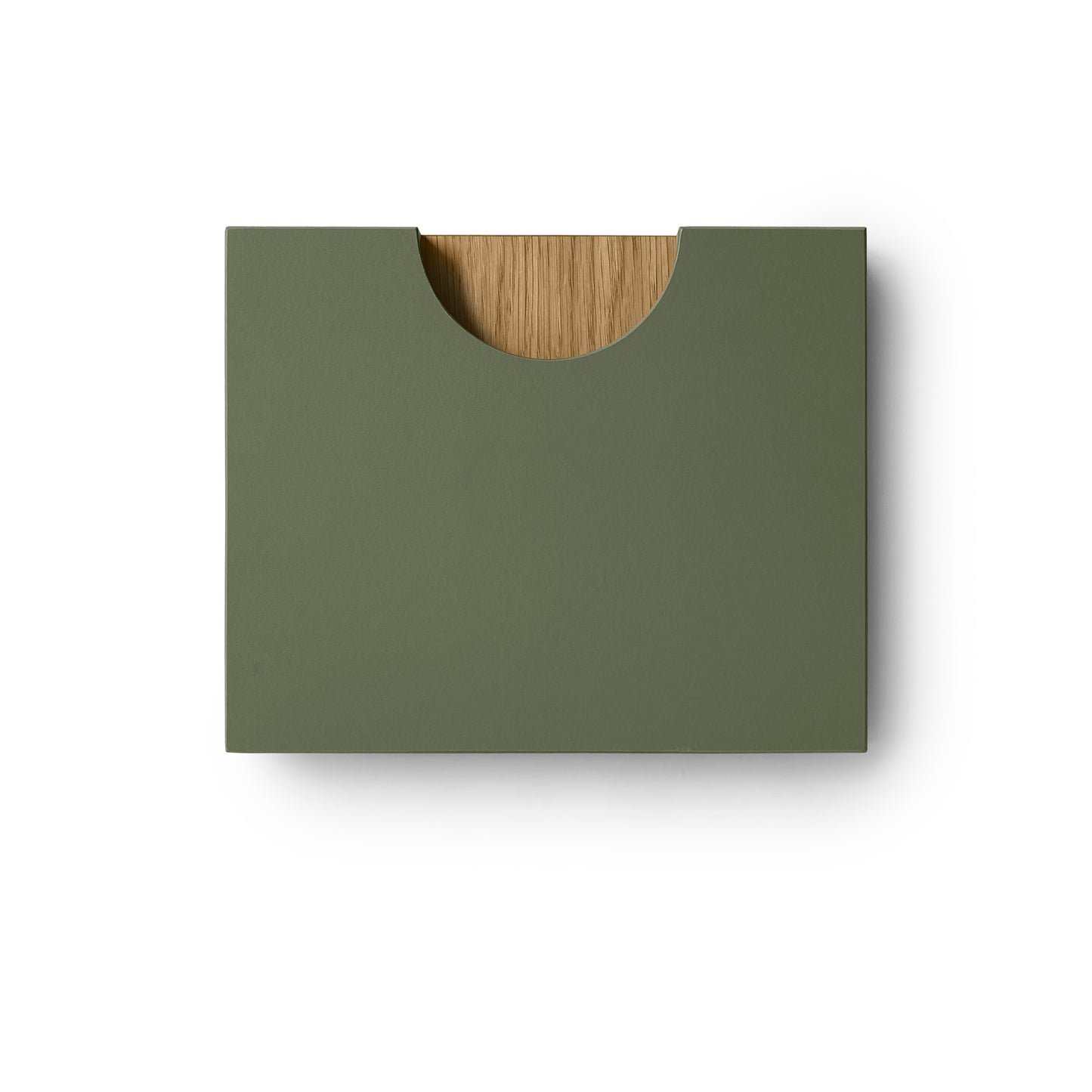 Sample of Half Moon Linoleum facade in olive color. Wood handle in natural oak color 