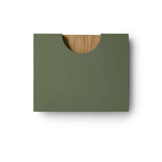 Sample of Half Moon Linoleum facade in olive color. Wood handle in natural oak color 