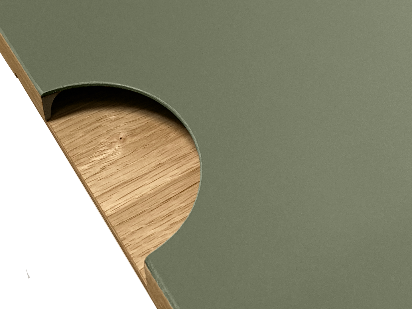 Sample of Half Moon Linoleum facade in olive color. Wood handle in natural oak color 