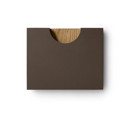 Sample of the Half Moon Linoleum facade, black coffee. Wood handle, natural oak 