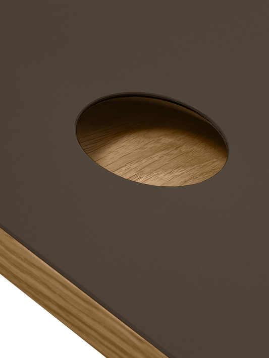 Sample of Tasty Linoleum facade, black coffee. Wood handle, natural oak