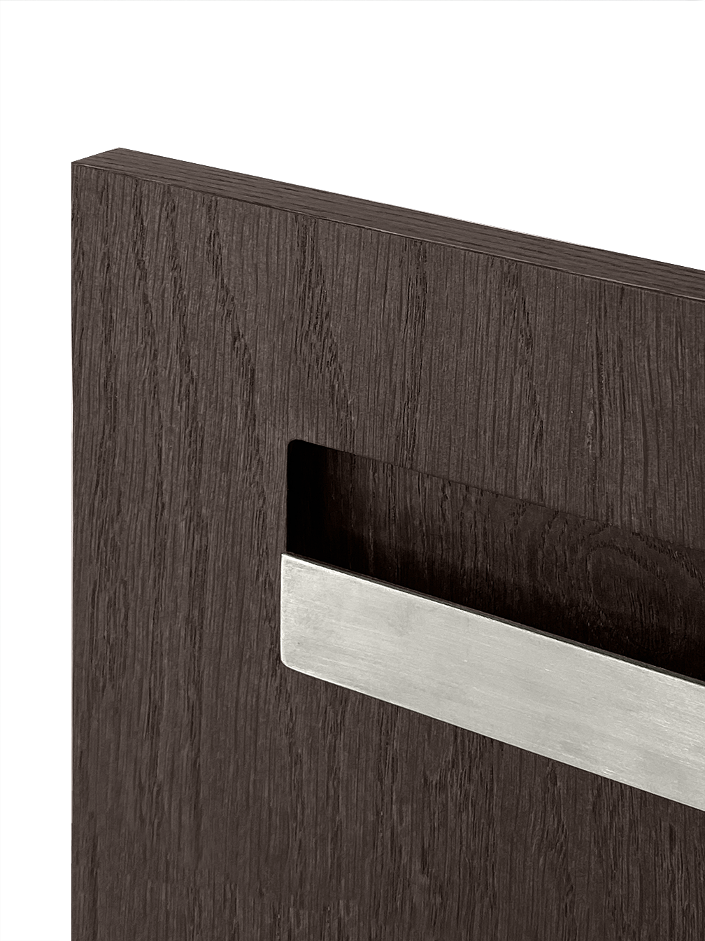 Sample of the facade Dotyk Wood anthracite oak. Stainless steel handle 